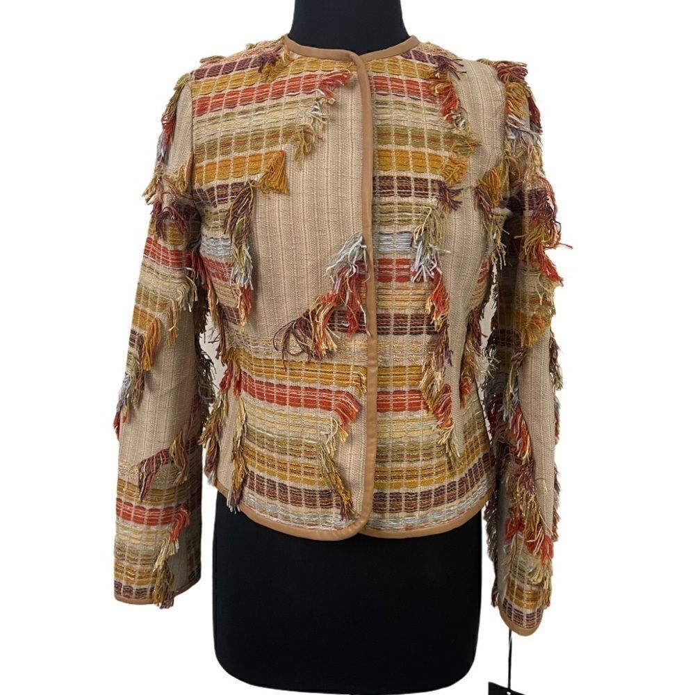 Worth Tweed Fringe And Faux Leather Blazer Sz S NWT